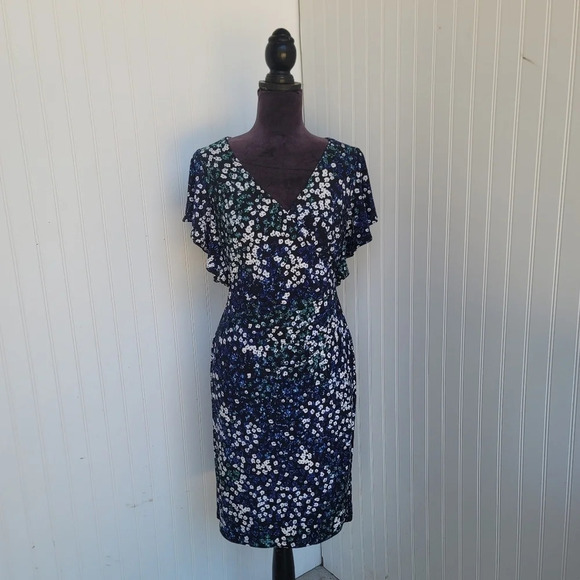 Lauren Ralph Lauren 4 Blue Teal Green Floral Stretch Knee Length Sheath Dress - Picture 1 of 16